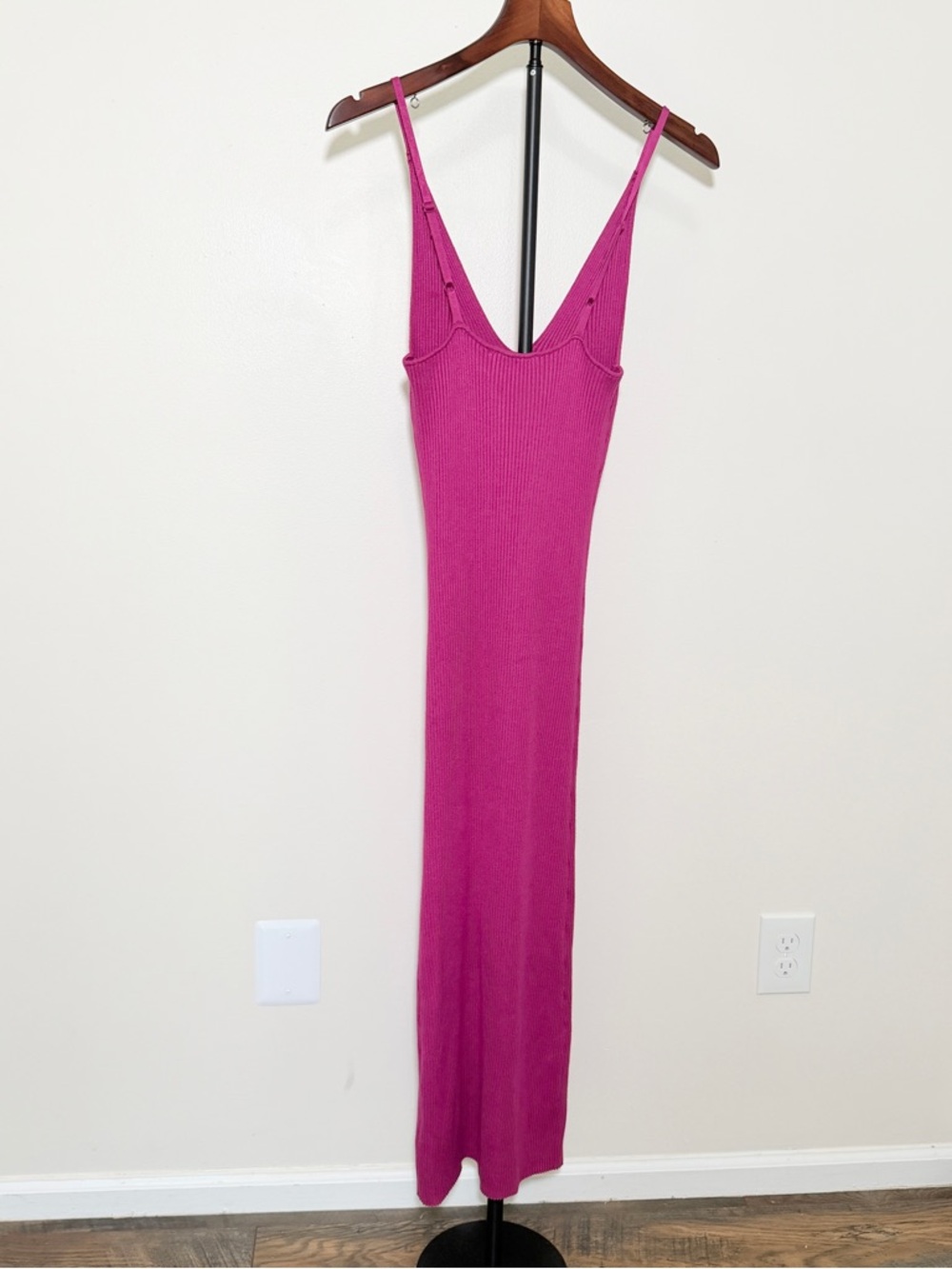 Fuchsia Ribbed V‑Neck Maxi long Dress semi-formal fitted women’s small sexy - Picture 3 of 7